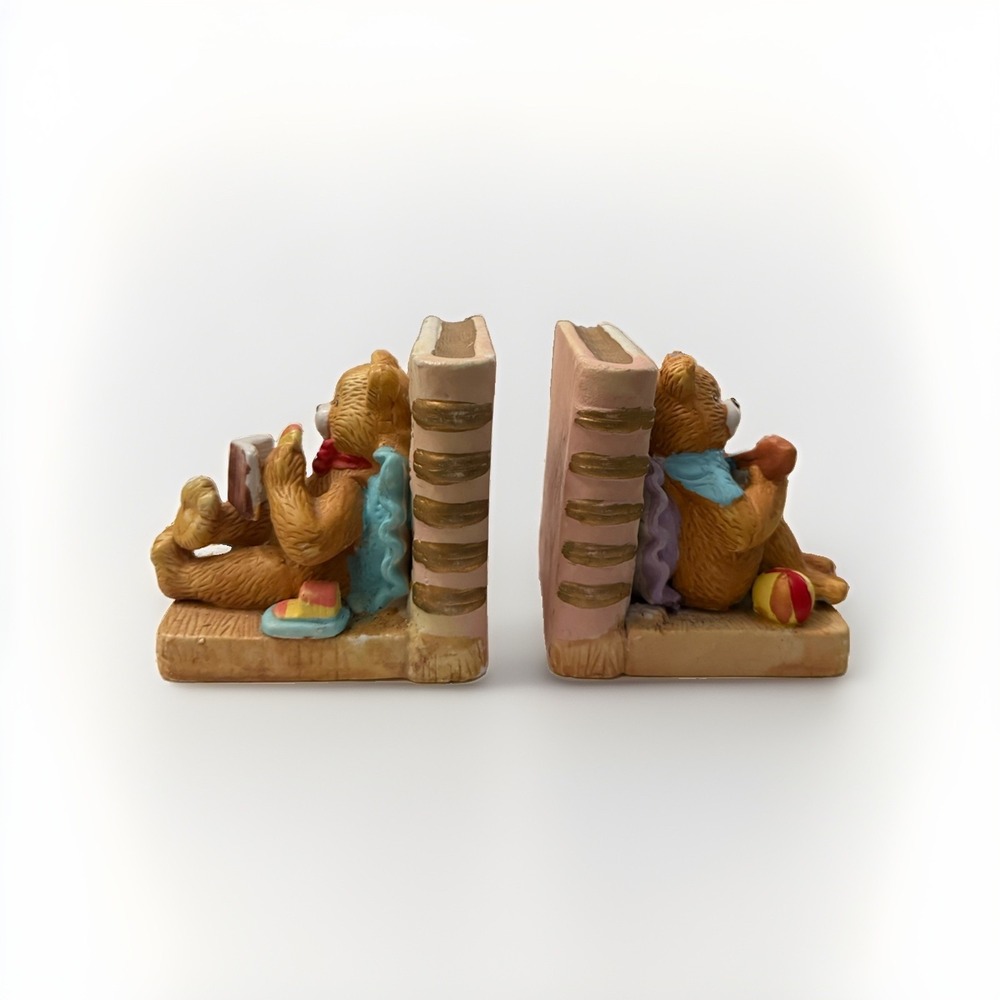 Vintage Ceramic Teddy Bear Bookends Baby Nursery Grandma Cottage Whimsical